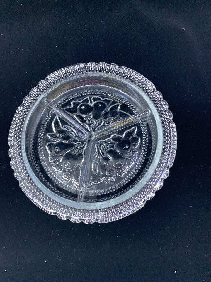 VTG DIVIDED GLASS DISH W/EMBOSSED FRUIT.