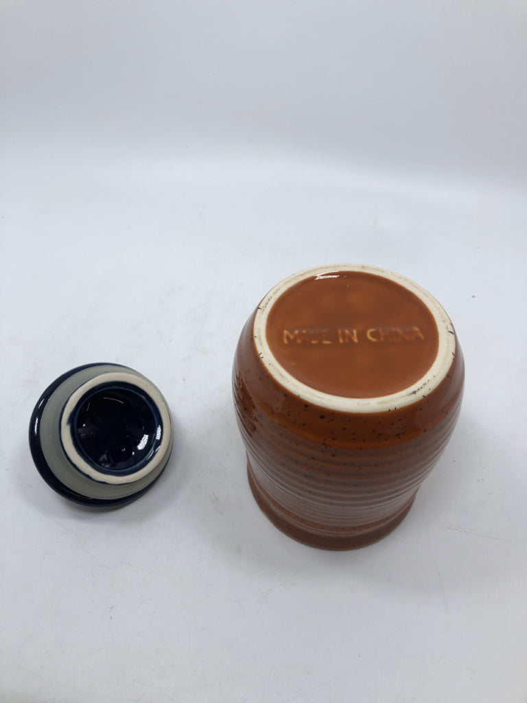 SPECKLED CERAMIC CANISTER W/BLUE LID.