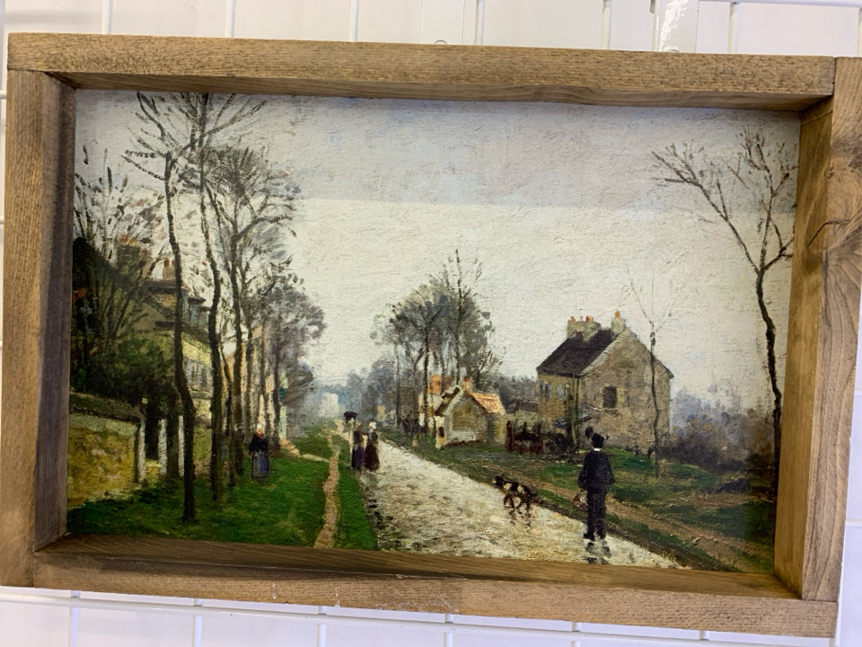 VILLAGE SCENE W PEOPLE WALKING.