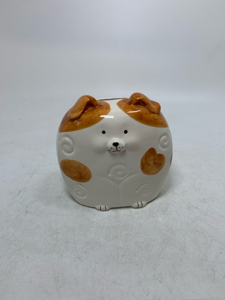 SPOTTED CERAMIC DOG COIN BANK.
