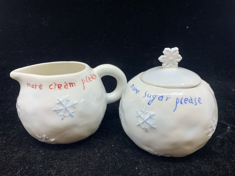 2 SUGAR & CREAMER SNOWBALL SHAPED SNOWFLAKES.