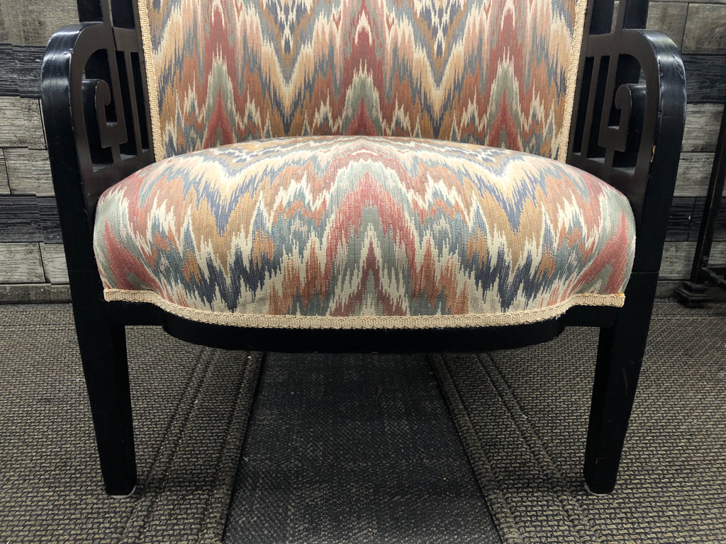 SHORT ROUND PASTEL UPHOLDERED W BLACK WOOD ACCENTS CHAIR.