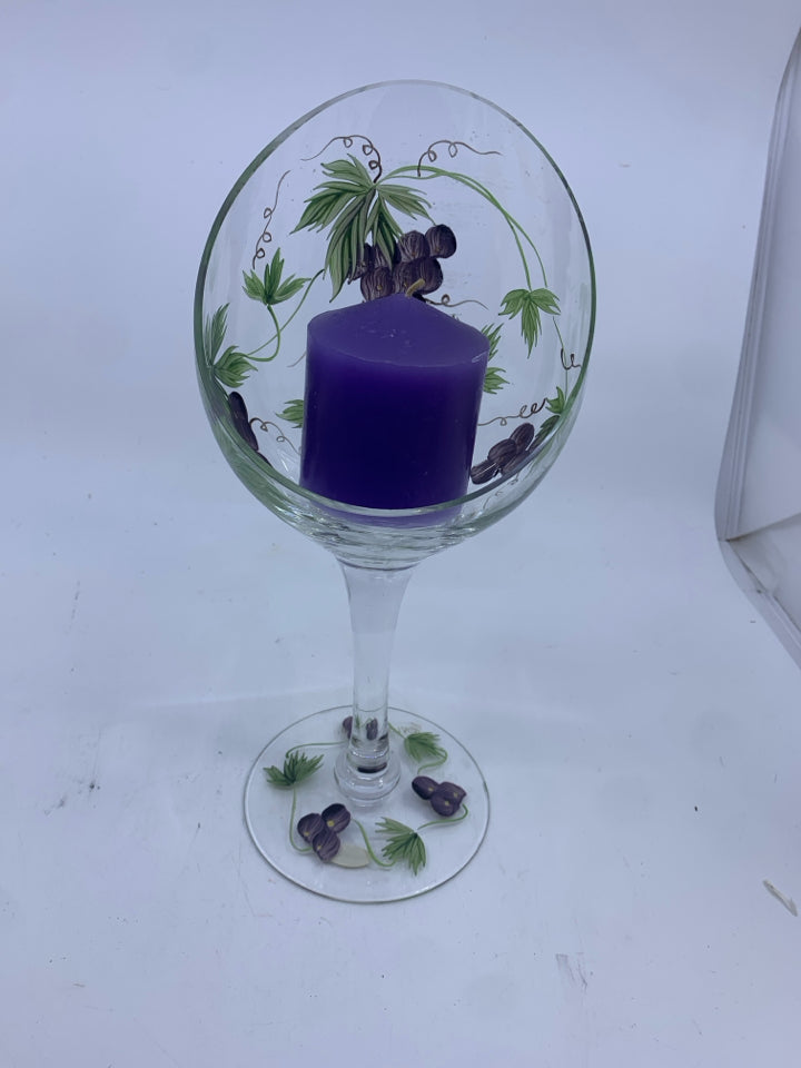 SLANTED GRAPE PAINTED CANDLE HOLDER.