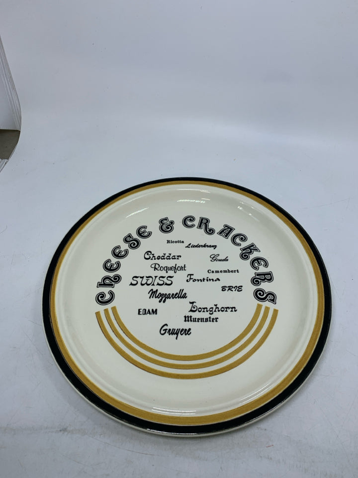 CHEESE & CRACKERS CIRCLE PLATTER W/ ASSORTED CHEESE NAMES.