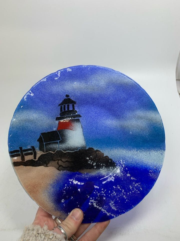 FUSED GLASS LIGHT HOUSE W/ WAVES CRASHING PLATE.