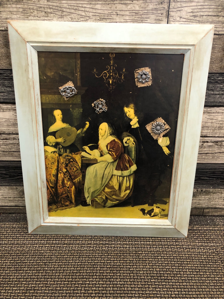 YOUNG WOMAN COMPOSING MUSIC FRAMED PRINT W/TURNING GEAR ATTACHMENTS.