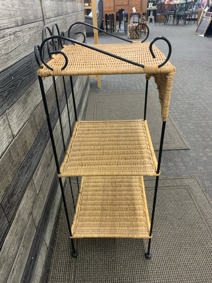 3 TIER WOVEN SIDE TABE W BLACK METAL.