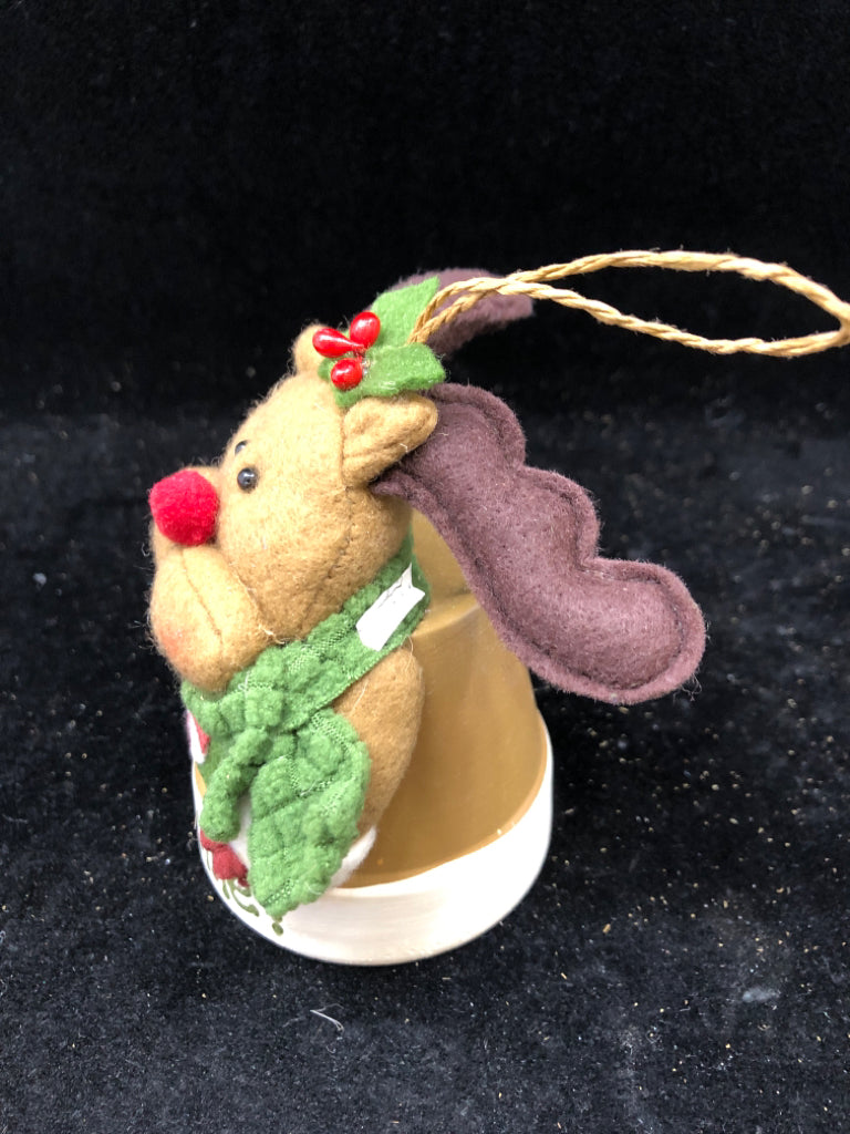 MOOSE CHRISTMAS BELL ORNAMENT W/PEPPERMINT SHIRT.