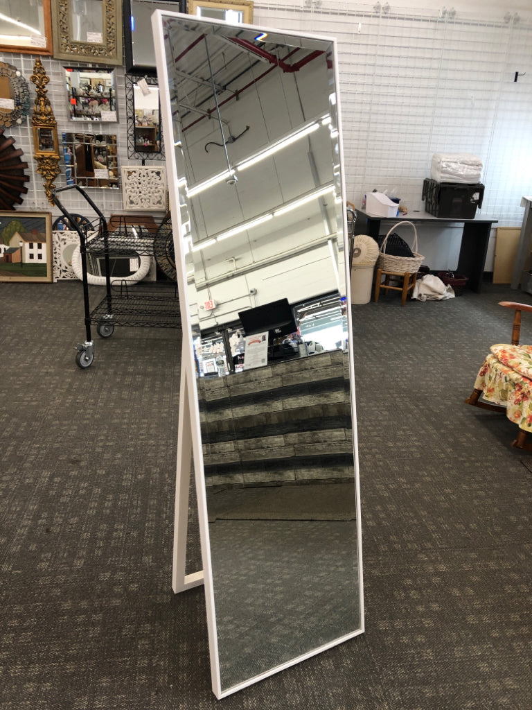 WHITE FRAMED EASEL MIRROR.