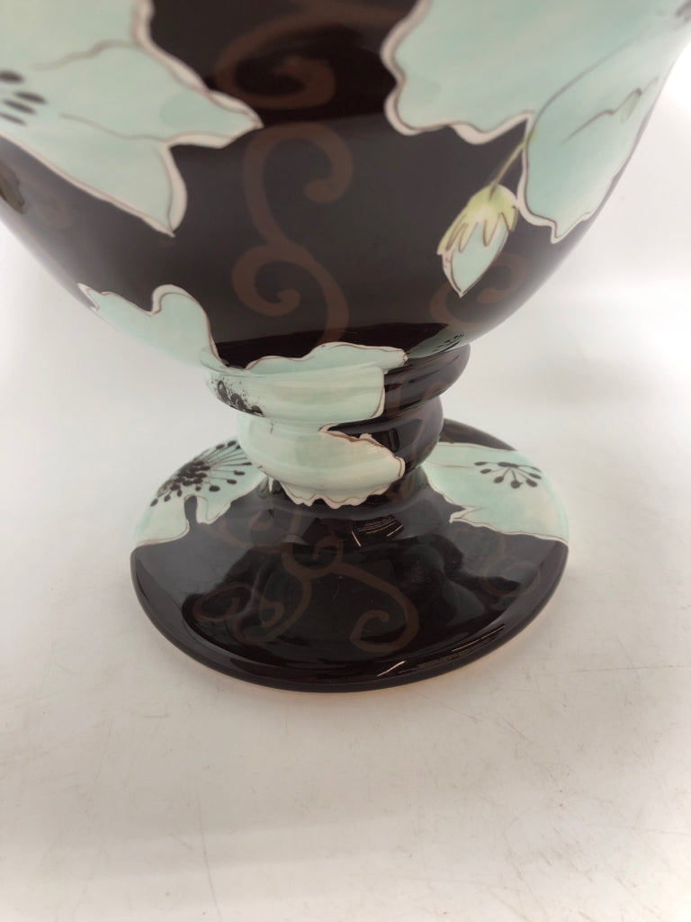 BROWN FLORAL PEDESTAL BOWL.