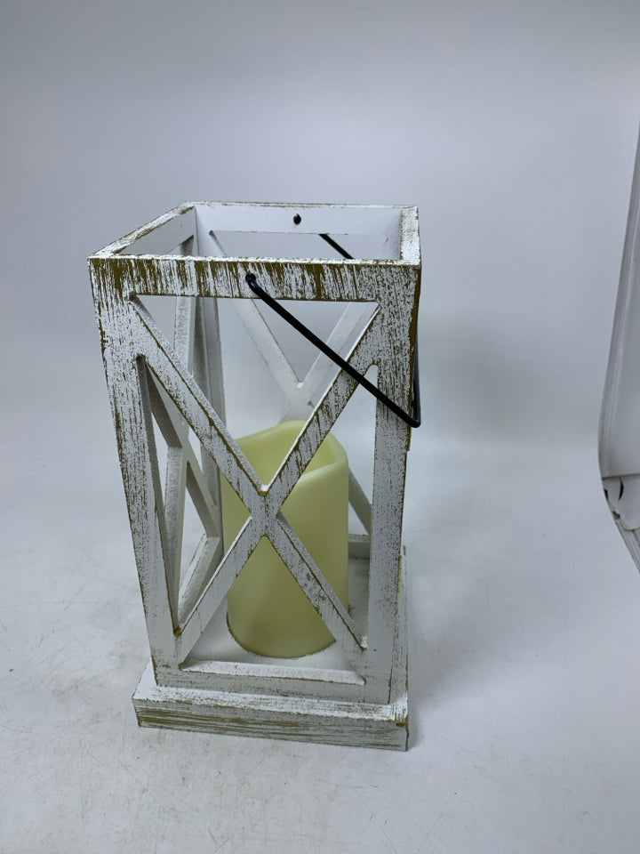 DISTRESSED WHITE LANTERN W/ FAUX BATTERY CANDLE.