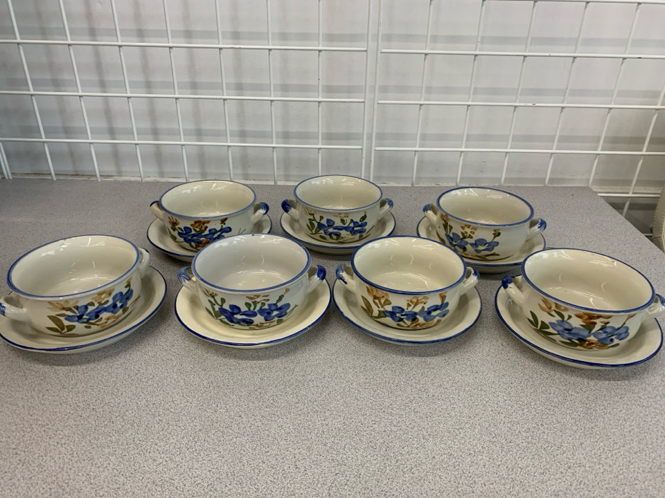 SVC FOR 7 VTG BLUE FLORAL DOUBLE HANDED STONEWARE SOUP BOWL W/SAUCER.