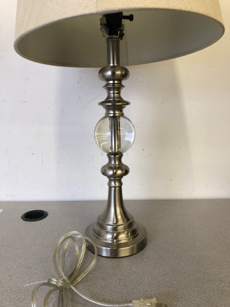 SILVER/GLASS BALL TABLE LAMP W/ BEIGE SHADE.