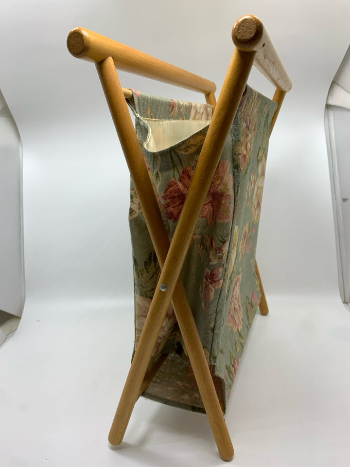 WOODEN/FABRIC STORAGE CADDY W/FLORAL DESIGN.