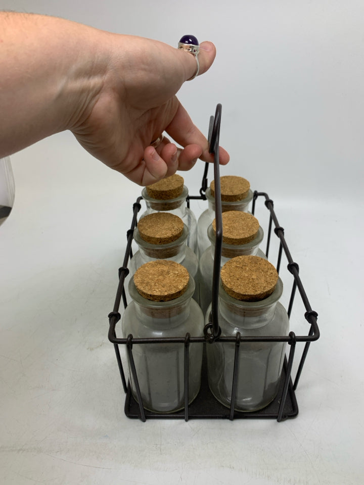 6 GLASS BOTTLE IN METAL CRATE W/ HANDLE.