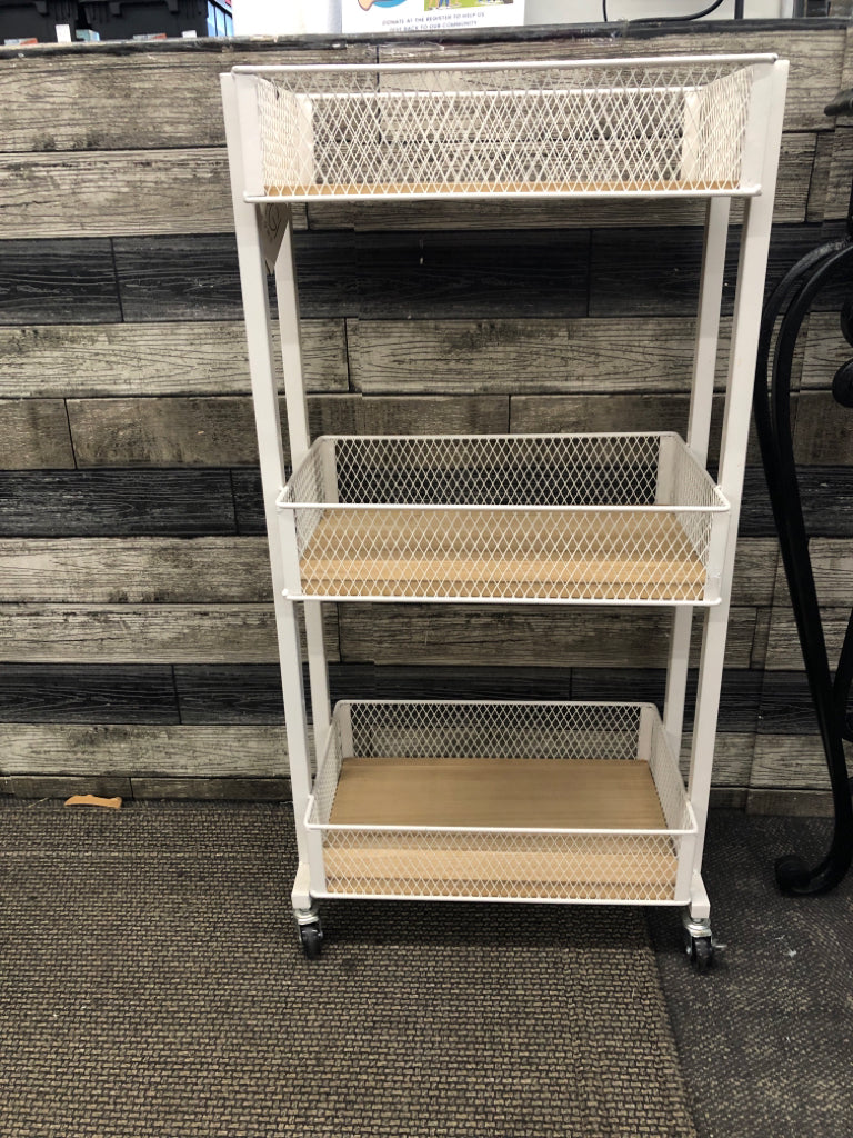 WHITE WIRE CART ON WHEELS W/WOOD SHELVES RGI HOME.