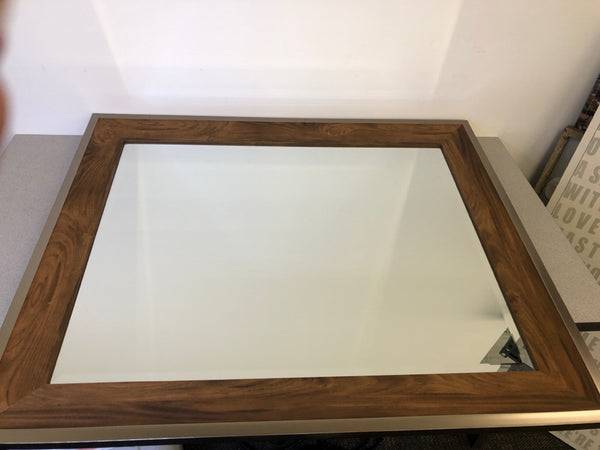 HEAVY SQUARE MIRROR W/ SILVER AND WOOD FRAME.
