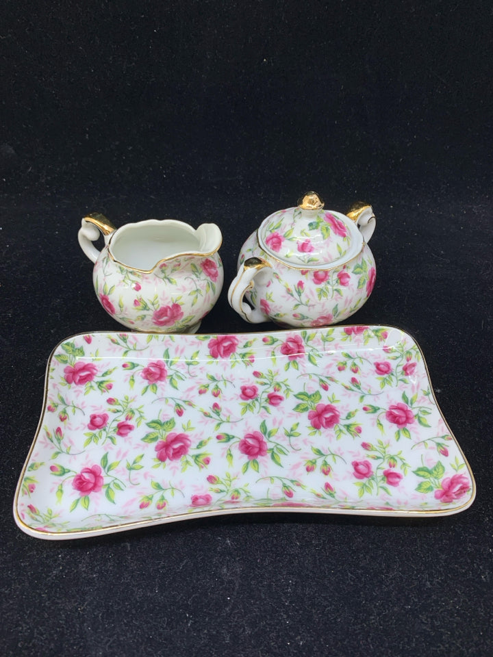3 PIECE PINK ROSE PATTERN SUGAR AND CREAMER W/ TRAY.