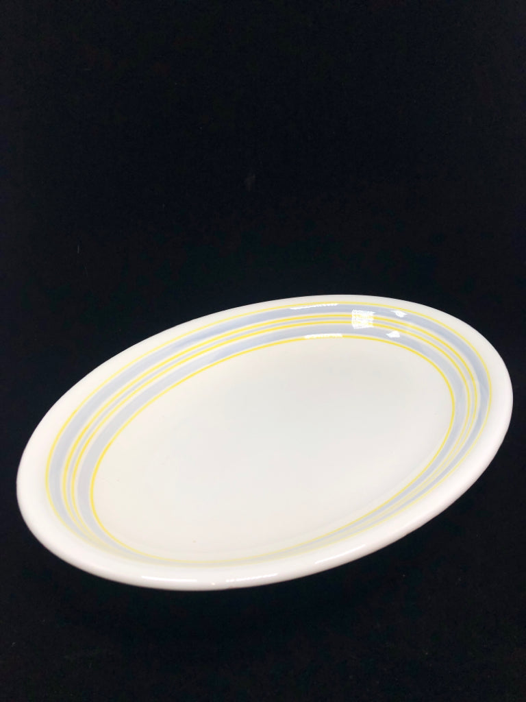 GREY/YELLOW STRIPE OVAL CERAMIC SERVING DISH.