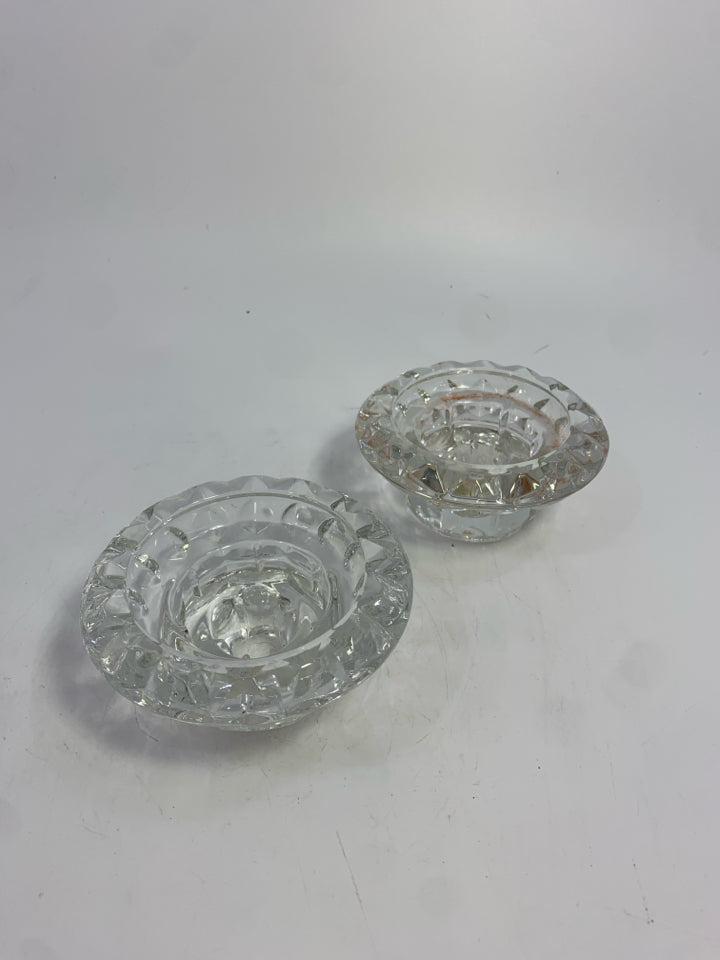 2 CUT GLASS TAPERED CANDLE STICK HOLDERS.