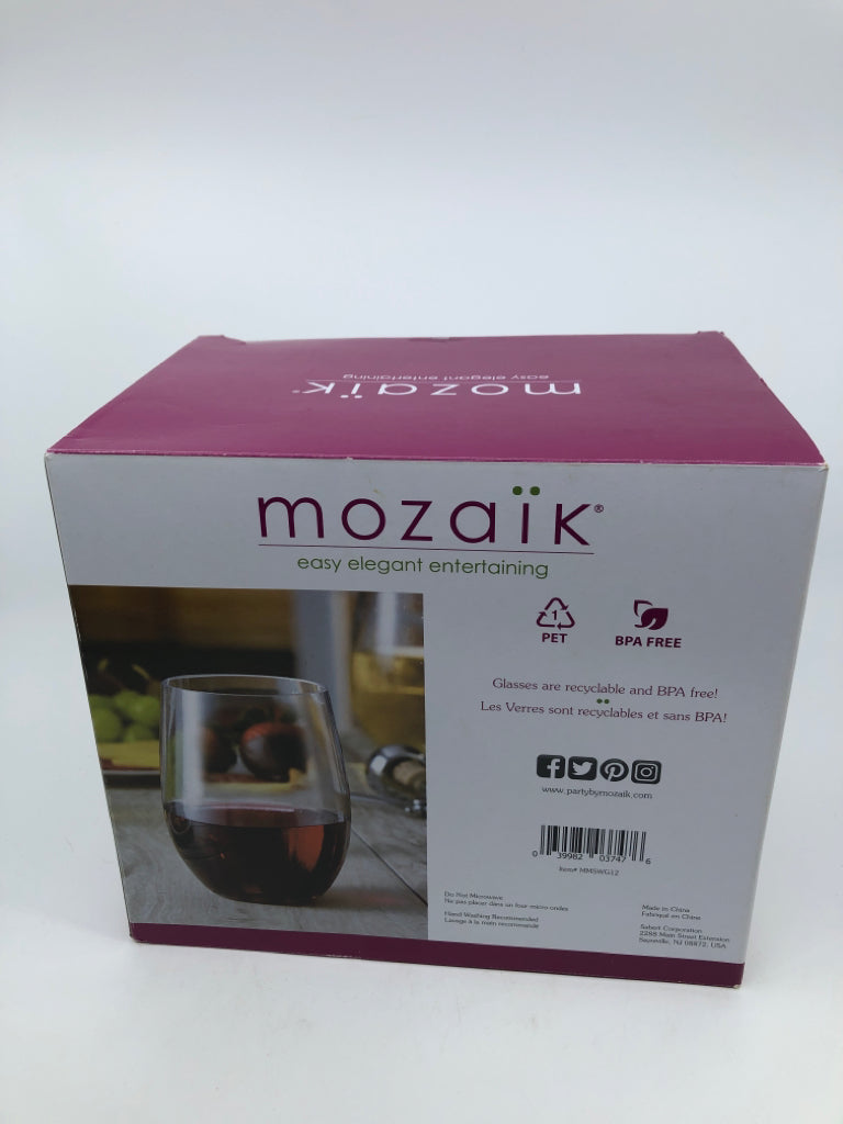 NIB MOZAIK 12 PC STEMLESS WINE GLASS SET.