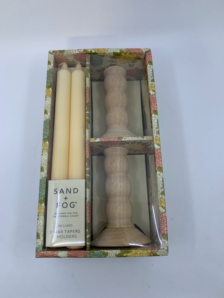 NIB 2 WOOD TAPERED CANDLE HOLDERS W/ WAX CANDLES SAND + FOG.