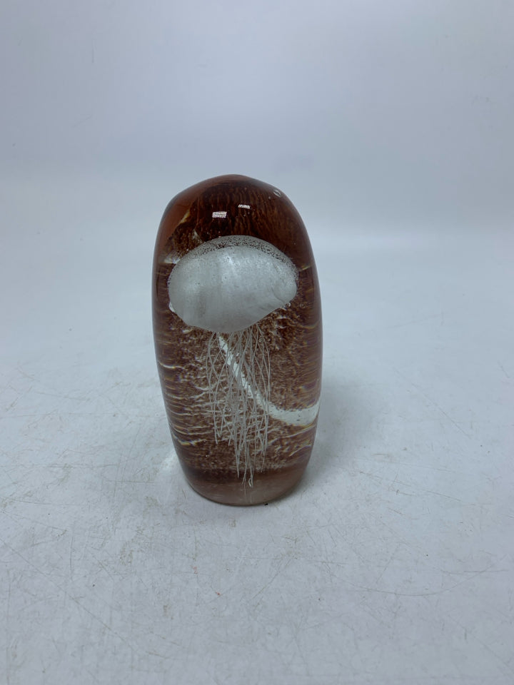 HEAVY STAND OVAL PAPERWEIGHT W/ WHITE JELLY FISH.