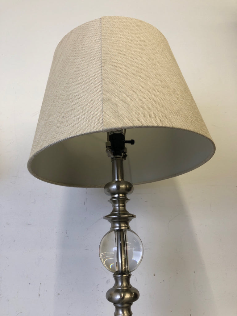 SILVER/GLASS BALL TABLE LAMP W/ BEIGE SHADE.