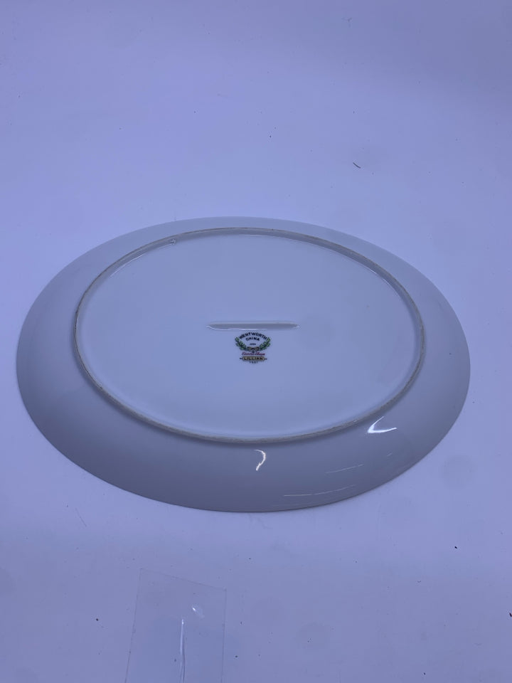 OVAL WHITE PLATTER W/ FLOWER LILLY GOLD RIM.