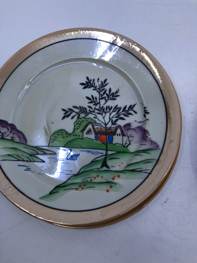 6 VTG ORANGE LUSTRE LANDSCAPE SALAD PLATE.