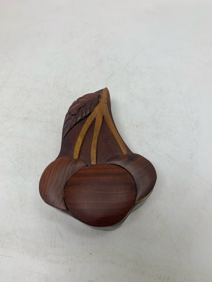 DARK WOOD CARVED CHERRIES PUZZLE TRINKET BOX.