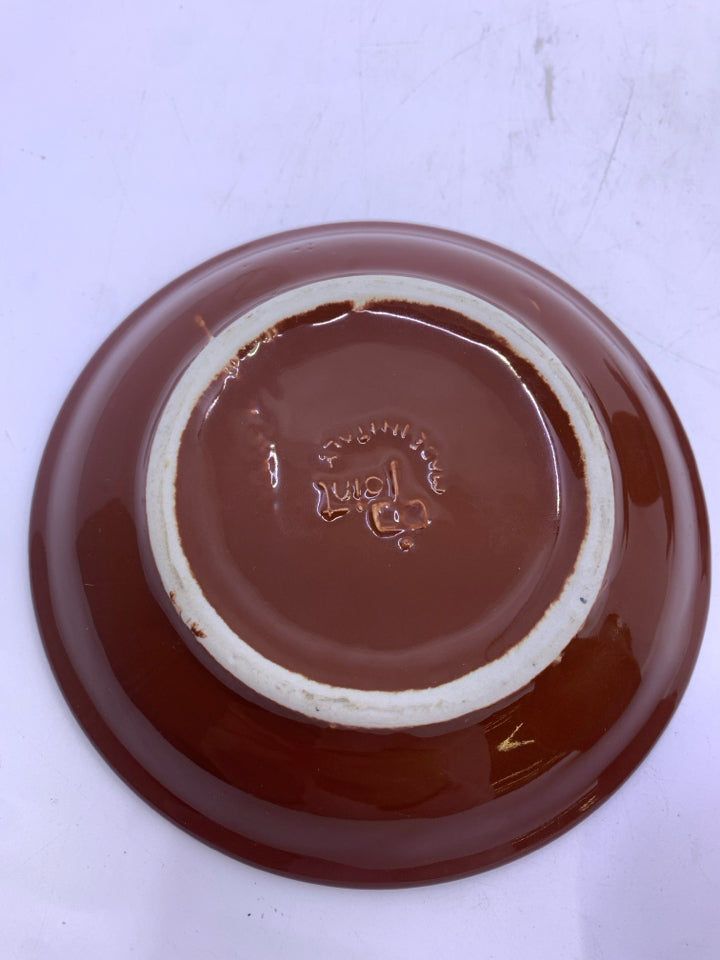 2 SMALL BROWN ESPRESSO MUGS AND SAUCER.
