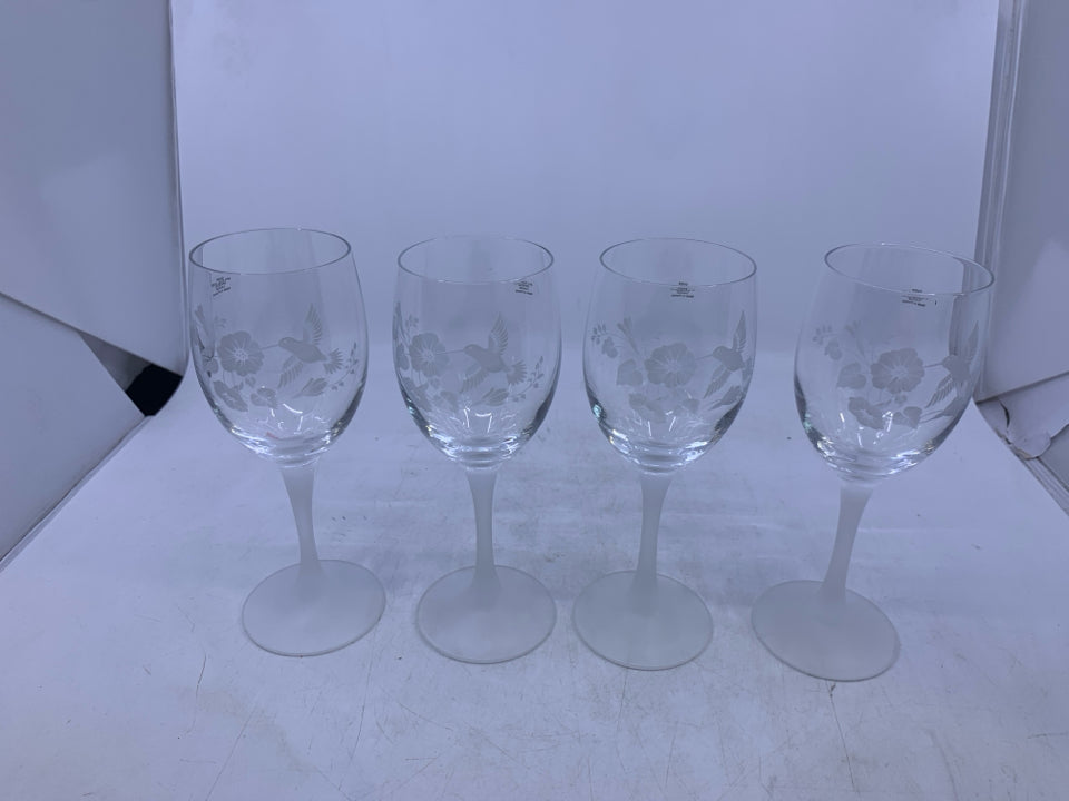 4 FROSTED STEMS W/ HUMMING BIRDS WINE GLASSES.