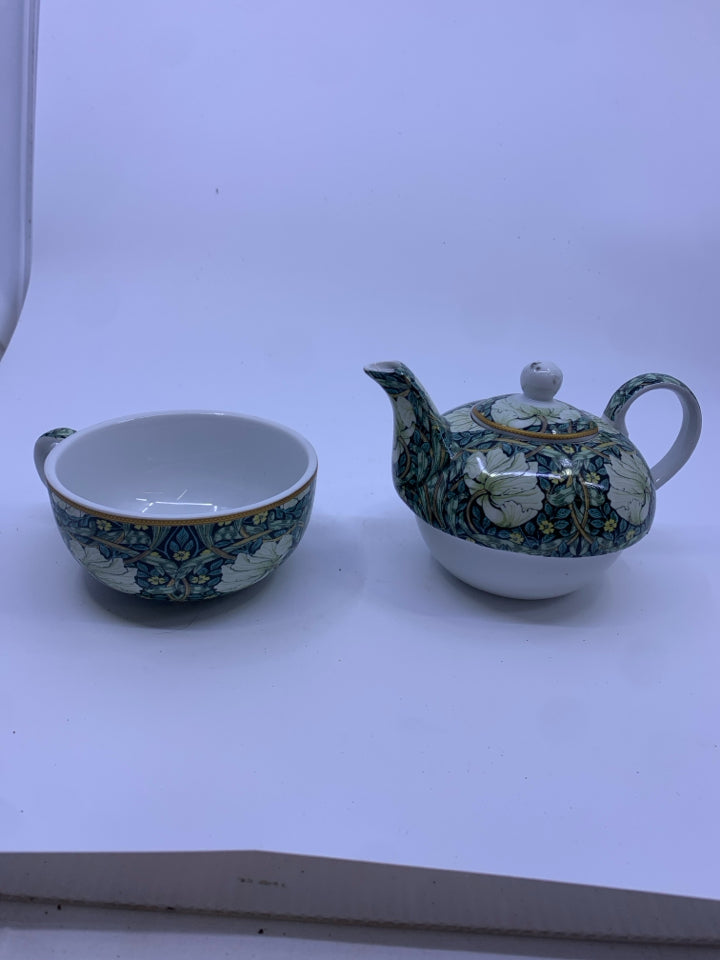 WILLIAM MORRIS TEA FOR ONE SET- WHITE/GREEN FLOWERS.