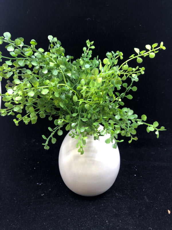 WEST ELM WHITE ROUND VASE WITH FAUX GREENS.