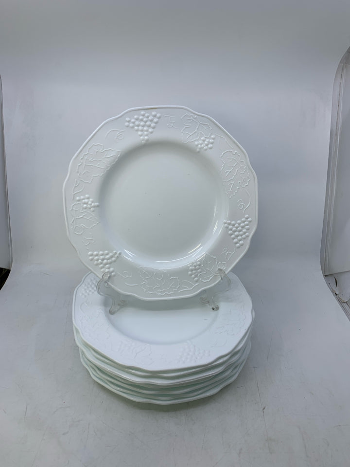 8 WHITE GLASS DINNER PLATES W/ EMBOSSED GRAPES,LEAVES.