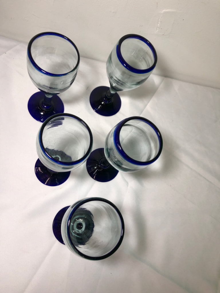 5 BLOWN GLASS WHITE GLASSES BLUE RIM/BOTTOM.
