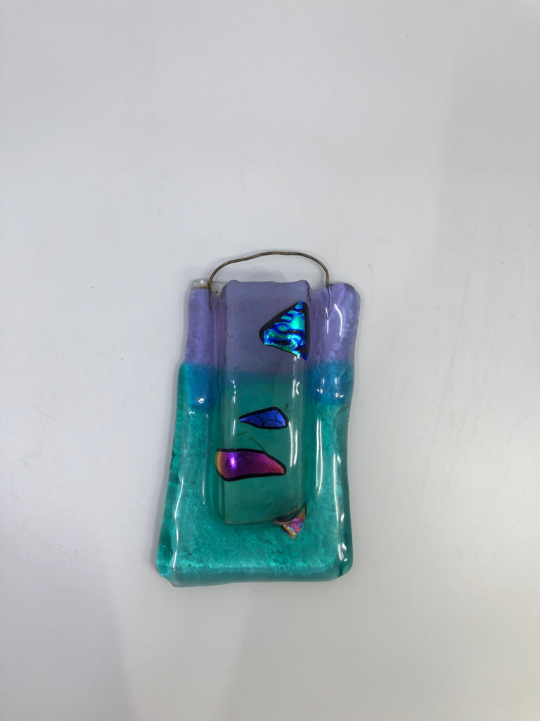 BLUE & PURPLE GLASS WALL POCKET/BUD VASE.