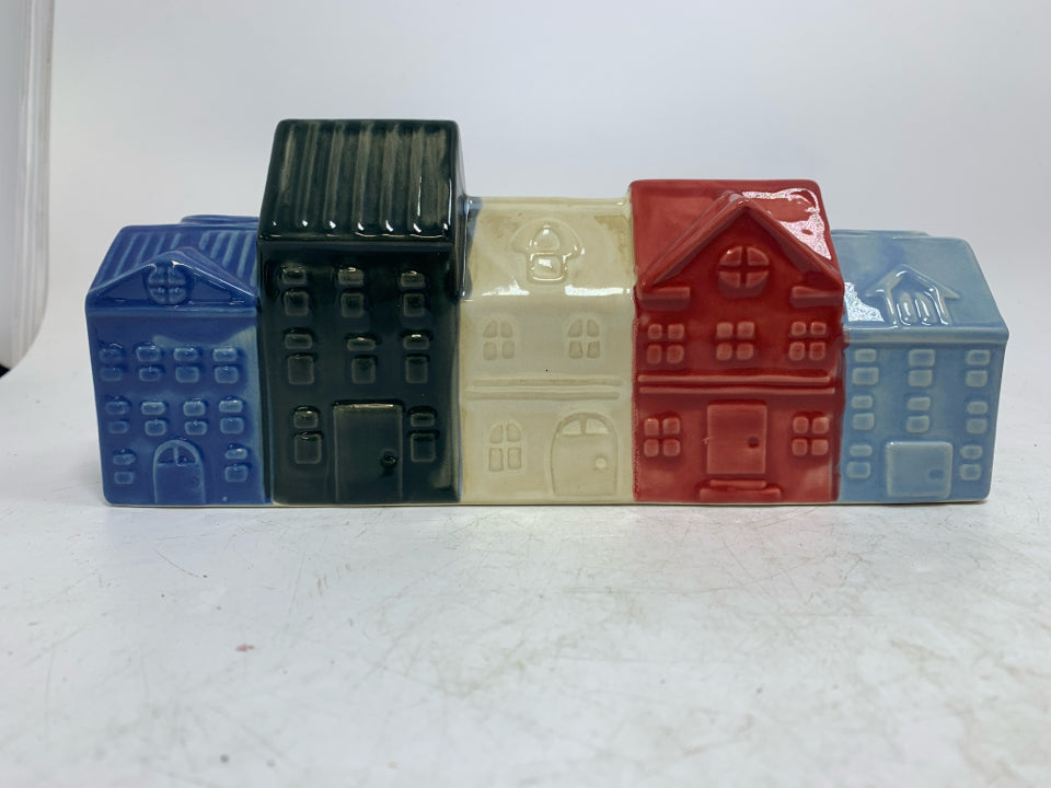 4 COLORED CERAMIC TOWN HOUSES TAPERED CANDLE HOLDER 3 SLOT.