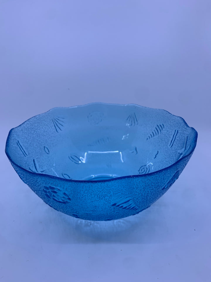 BLUE GLASS BOWL W/ EMBOSSED SEASHELLS.