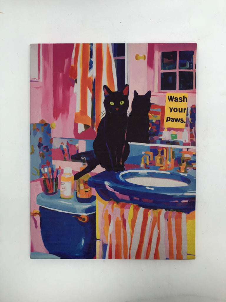 COLORFUL "WASH YOUR PAWS" CAT CANVAS.
