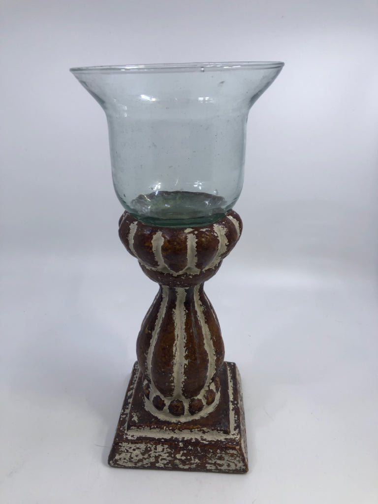 RUSTIC WOOD BASE W/GLASS CANDLE VOTIVE HOLDER.