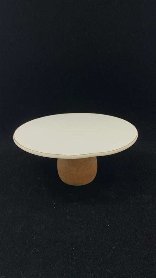 WHITE CERAMIC DESSERT SERVER W/WOOD BASE.