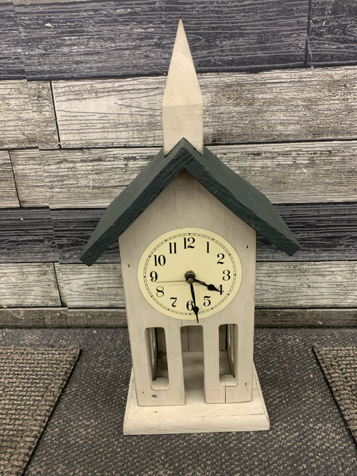 DISTRESSED CHURCH STYLE WOODEN CLOCK.