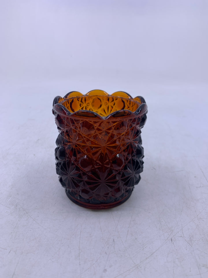 DARK BROWN TEXTURED GLASS TEA LIGHT HOLDER SCALLOP EDGE.