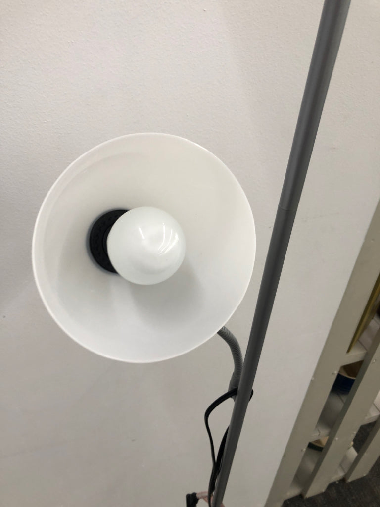 2 WHITE FROSTED FLOOR LAMP SILVER-ADJUSTABLE READING LIGHT.