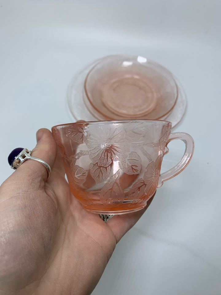 4 PC VTG PINK DEPRESSION GLASS W/ PRESSED FLOWERS.