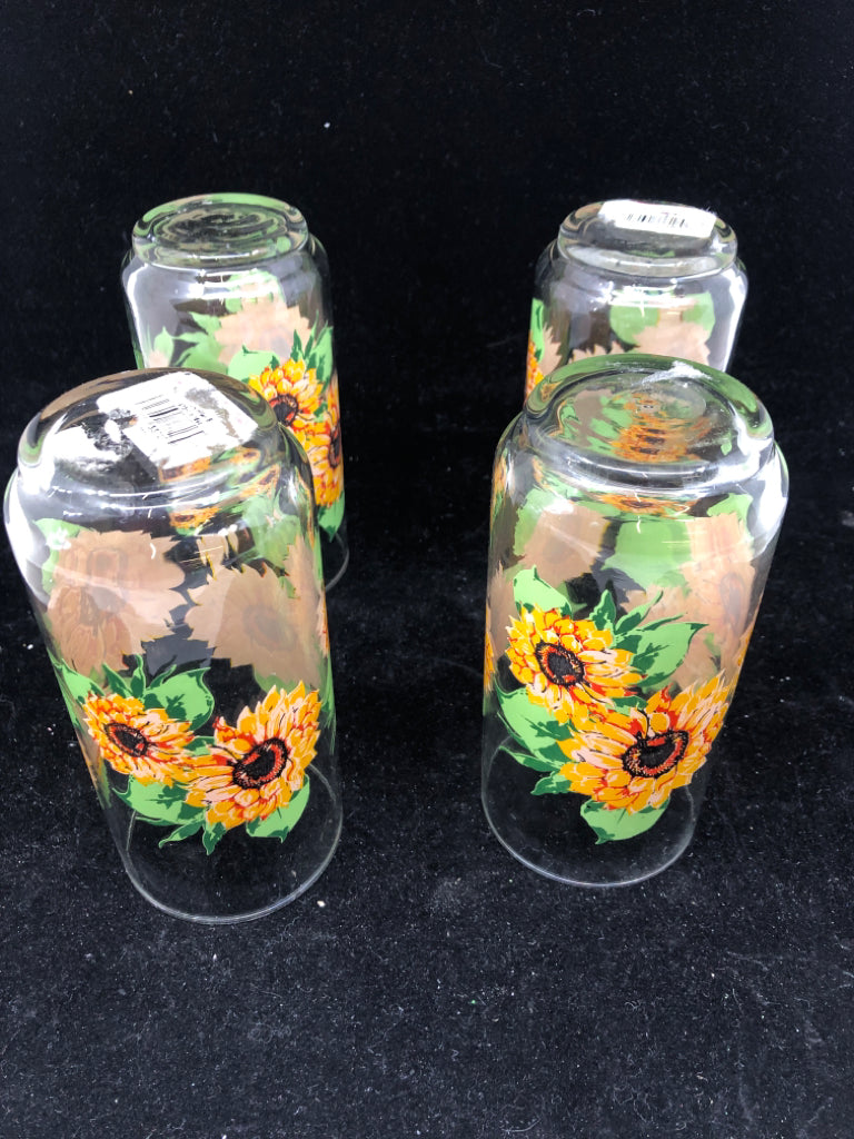 4 SUNFLOWER PRINTED DRINKING GLASSES.
