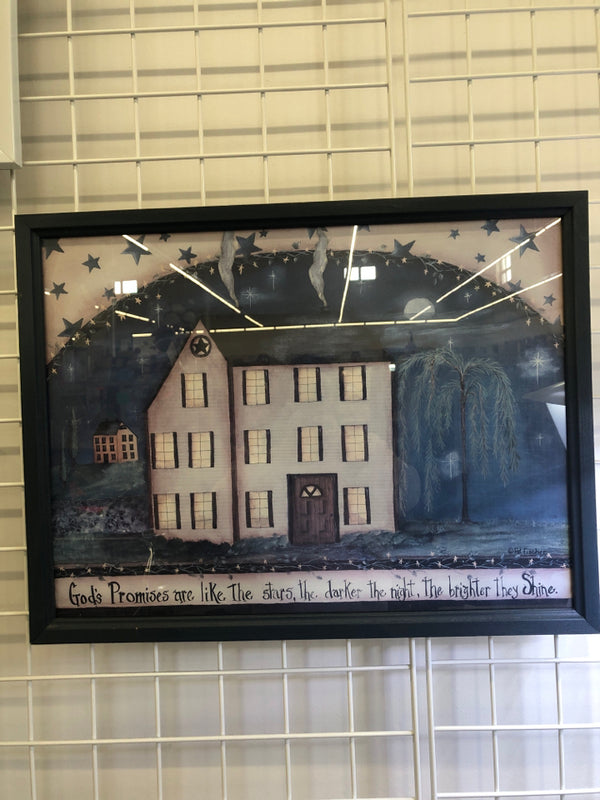 PRIMITIVE HOUSE WALL HANGING IN BLUE FRAME.