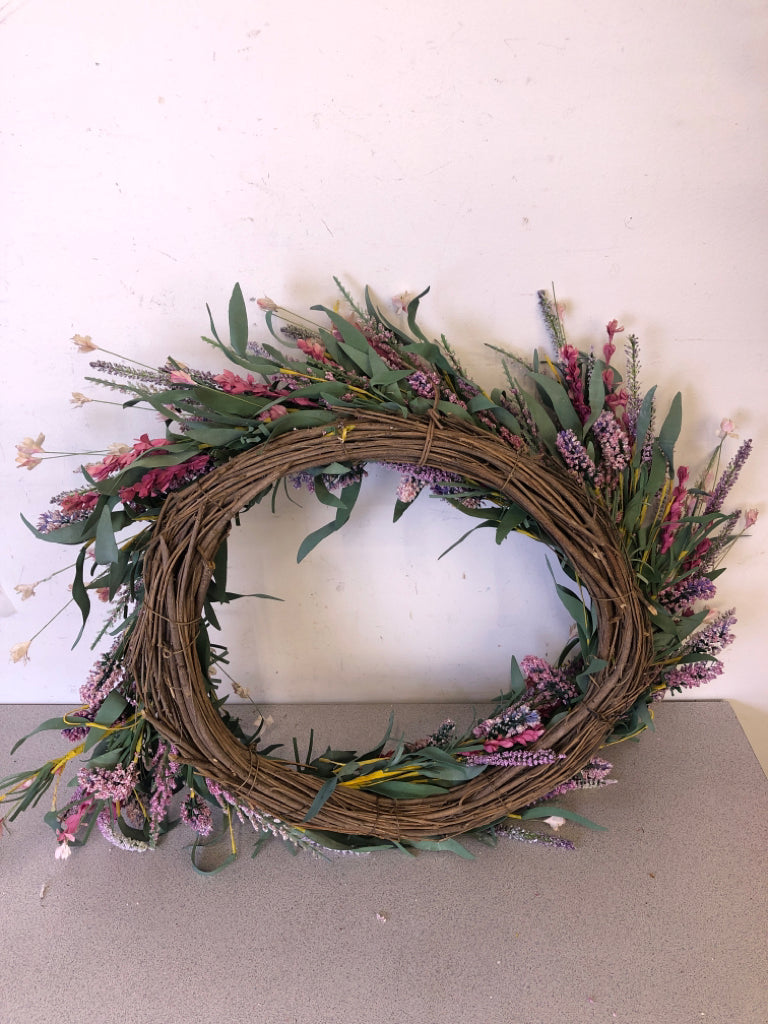 PINK/BLUE FLOWERS W/ LONG LEAVES WREATH.